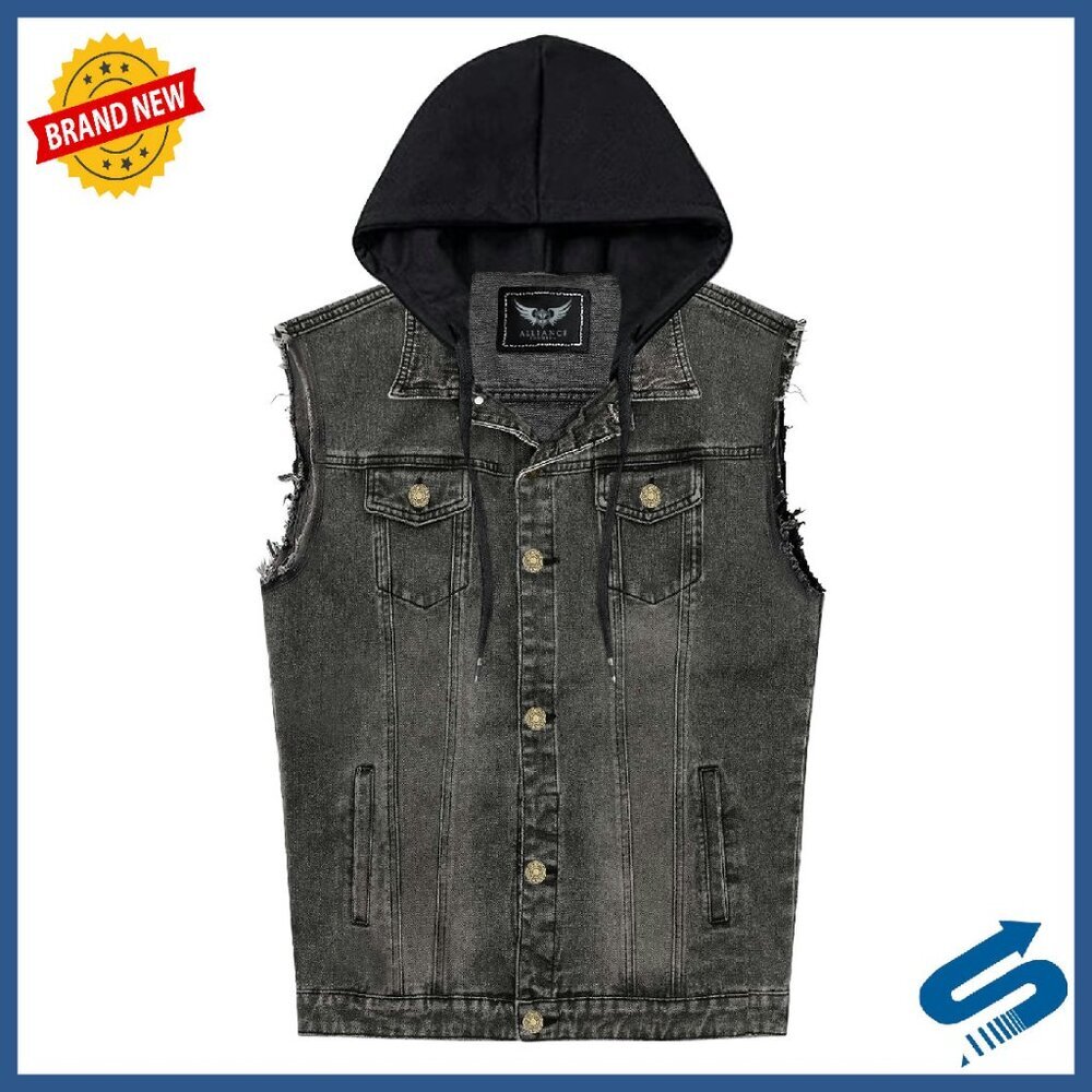 Men's Stretchy Denim Vest with Hood, Distressed Casual Sleeveless Jacket